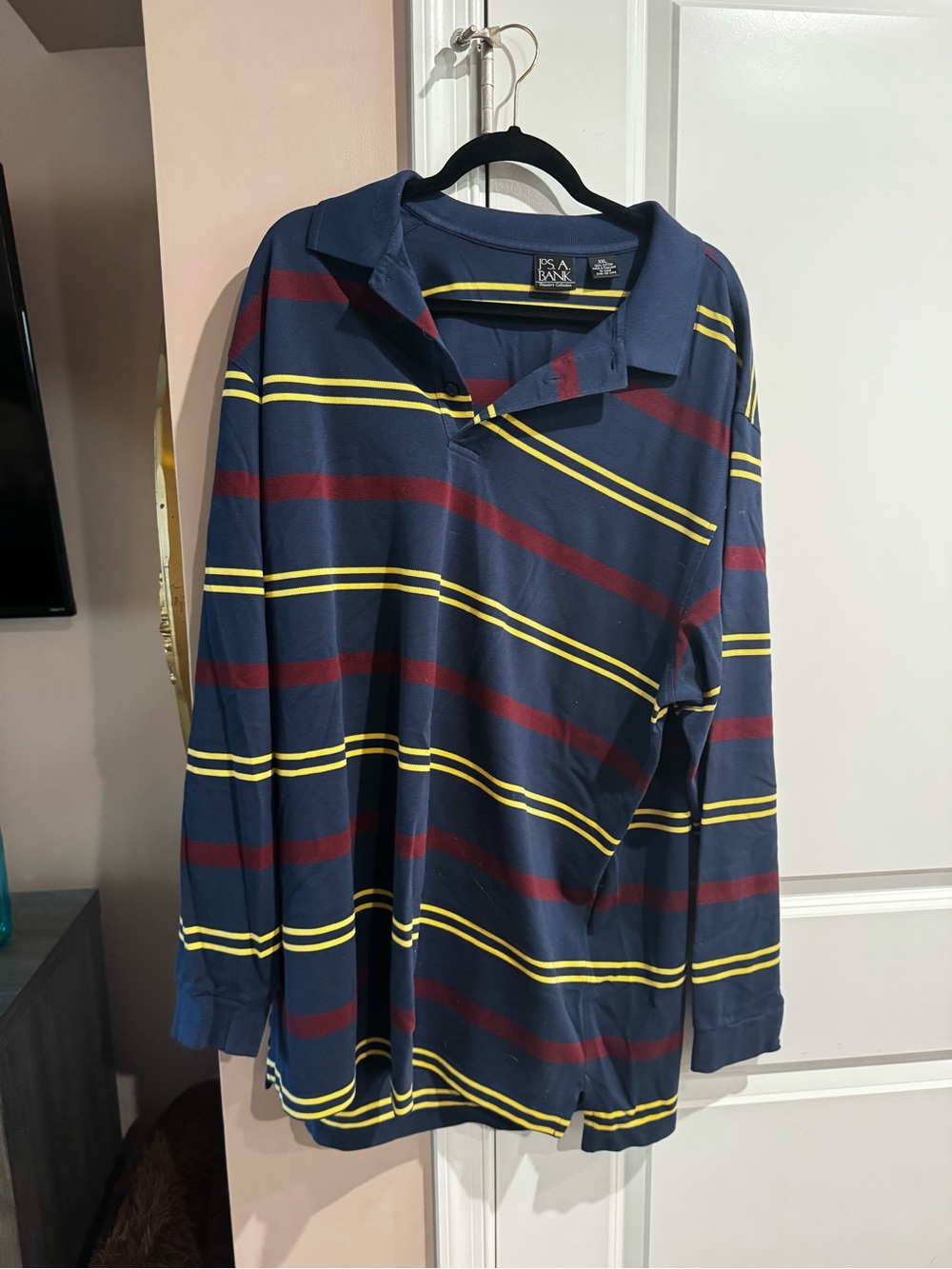 Jos. A. Bank Navy Polo with Yellow and Burgundy Stripes